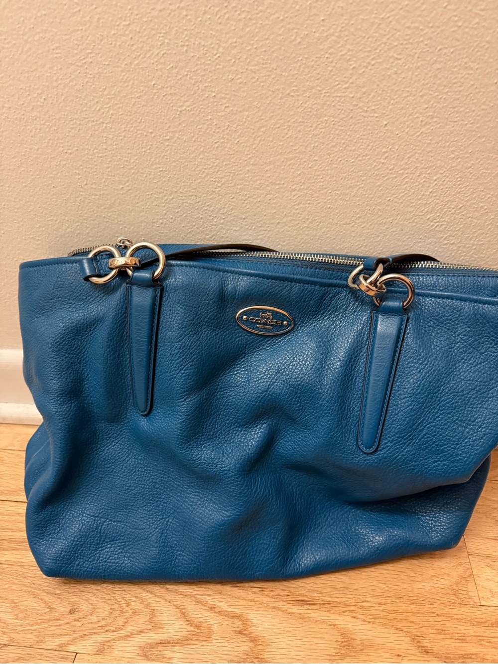 Coach Teal Pebbled Leather Tote with Silver Hardware